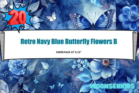 Download New Retro Navy Blue Butterfly Flowers Background Watercolor Png Kdp Digital Paper - Background Collection