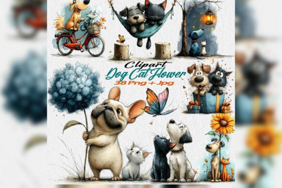 Download Whimsical Dog Cat Flower Clipart PNG Set - Flower clipart png Collection
